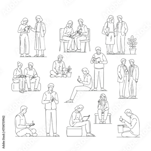 A collection of handdrawn line art illustrations showing diverse people in various poses standing sitting and reading.
