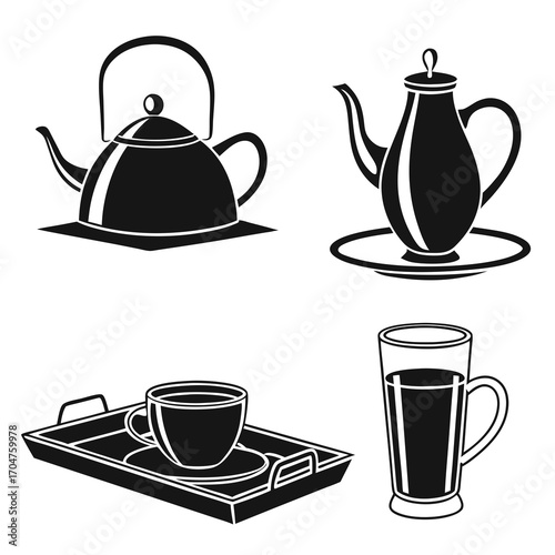 Collection of black and white silhouette icons representing various beverage serving items including teapots coffee pots cups and glasses