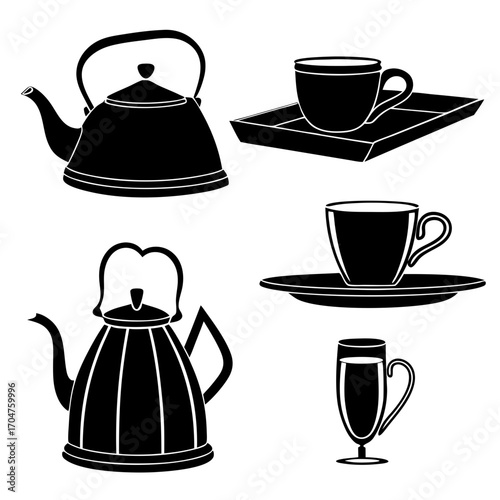 Collection of black silhouette illustrations of teapots coffee cups and a tall glass on a white background