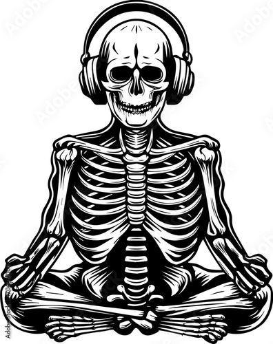 SVG of a skeleton musician showcasing a street lifestyle with Halloween vibes. Skeleton in Meditation Pose Wearing Headphones for Music Enthusiasts