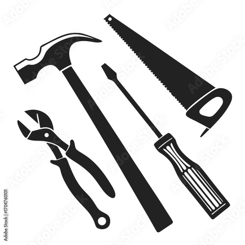 Collection of essential hand tools including a hammer pliers screwdriver and saw isolated on a white background