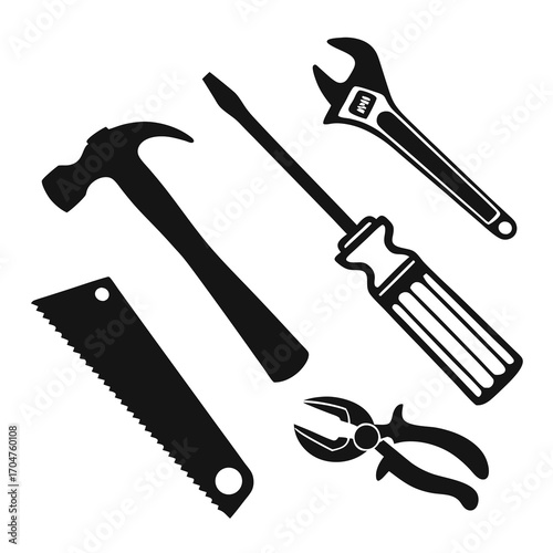 A collection of essential hand tools including a hammer screwdriver wrench saw and pliers presented as black silhouettes on a white background