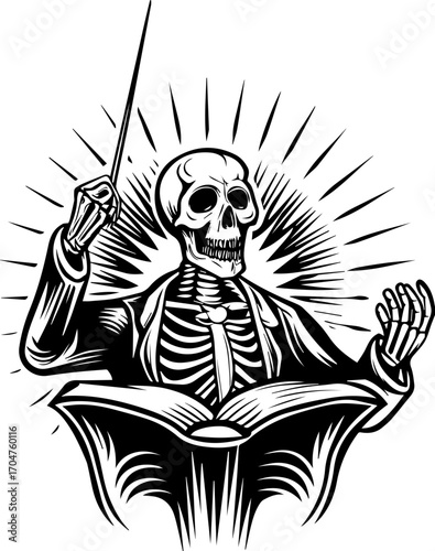 SVG of a skeleton musician showcasing a street lifestyle with Halloween vibes. Skeleton Instructor with Pointer Teaching from Open Book Graphic