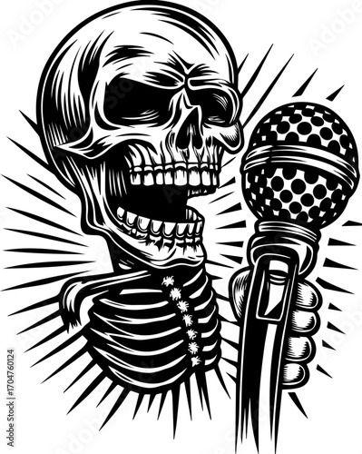 SVG of a skeleton musician showcasing a street lifestyle with Halloween vibes. Skull Holding Microphone in Retro Black and White Style Design