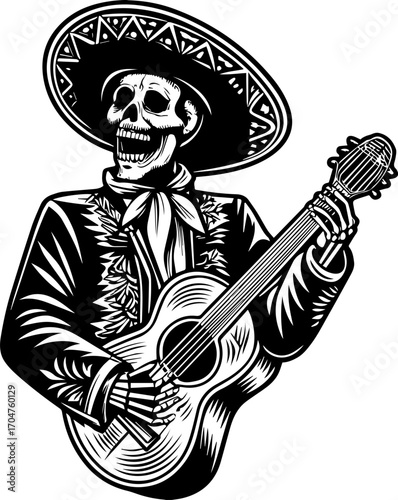 SVG of a skeleton musician showcasing a street lifestyle with Halloween vibes. Traditional Mexican Skeleton Musician Playing Guitar in Sombrero