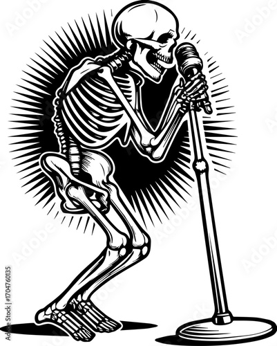 SVG of a skeleton musician showcasing a street lifestyle with Halloween vibes. Skeleton Singing into Microphone with Dynamic Sound Effects