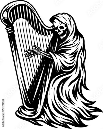 SVG of a skeleton musician showcasing a street lifestyle with Halloween vibes. Grim Reaper Playing Harp in Artistic Black and White Illustration