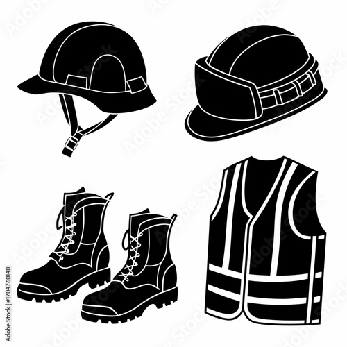 Collection of black silhouette icons representing safety gear including hard hats work boots and a reflective vest for construction and industrial use