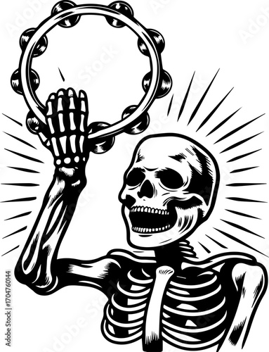 SVG of a skeleton musician showcasing a street lifestyle with Halloween vibes. Skeleton Playing Tambourine in Vintage Style Illustration Art