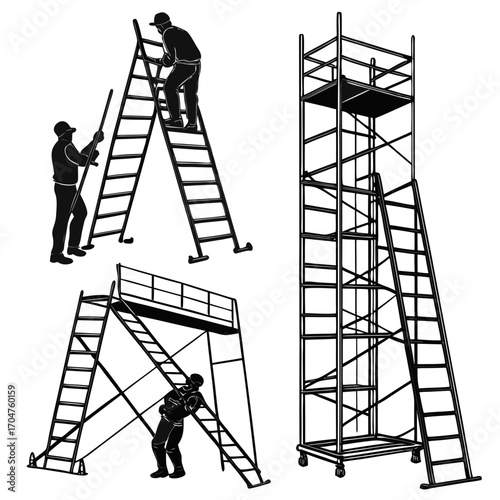 Silhouettes of construction workers using various types of scaffolding and ladders for elevated work at height