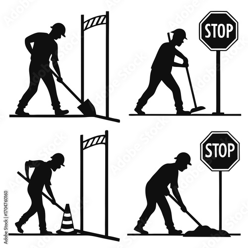 Silhouettes of construction workers performing various tasks including digging sweeping and directing traffic with stop signs and cones