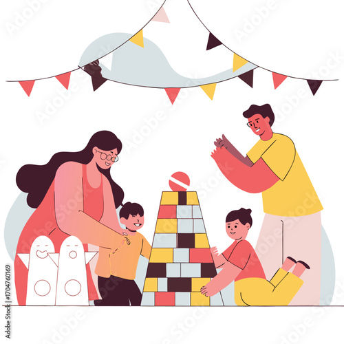 Cheerful family with parents and two kids enjoying a fun stacking block game at a party