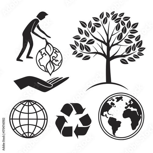 Collection of black and white icons representing environmental protection sustainability and the planet earth