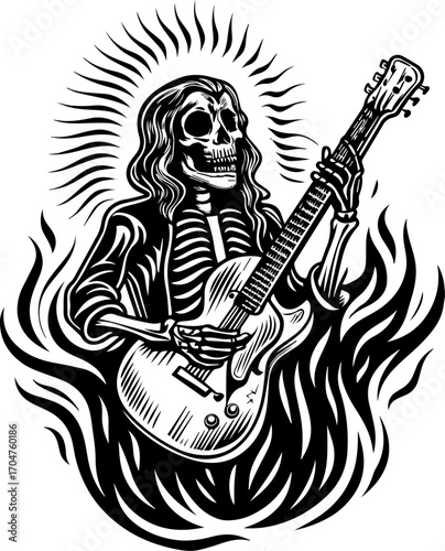 SVG of a skeleton musician showcasing a street lifestyle with Halloween vibes. Skeleton Playing Guitar Illustration with Flames and Halo Background