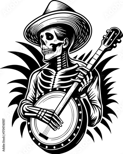 SVG of a skeleton musician showcasing a street lifestyle with Halloween vibes. Skeleton Playing Banjo in Traditional Hat with Decorative Elements
