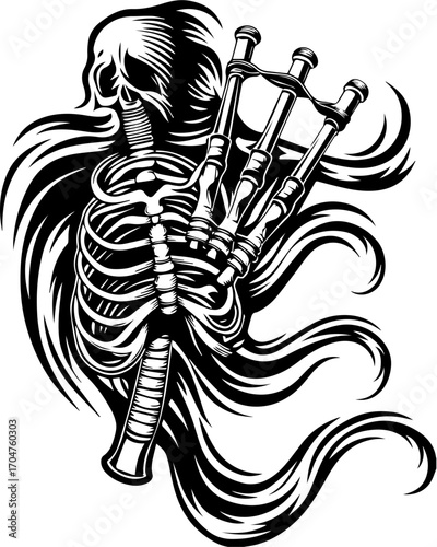 SVG of a skeleton musician showcasing a street lifestyle with Halloween vibes. Skeleton Holding Bagpipes with Flowing Hair and Dark Elements
