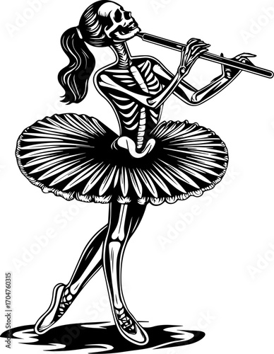 SVG of a skeleton musician showcasing a street lifestyle with Halloween vibes. Skeleton Ballerina Playing Flute in Artistic Black and White Design