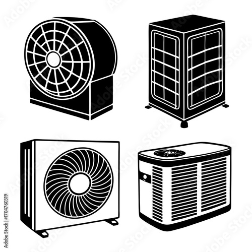Set of four black and white silhouette icons representing different types of air conditioning units and outdoor hvac equipment