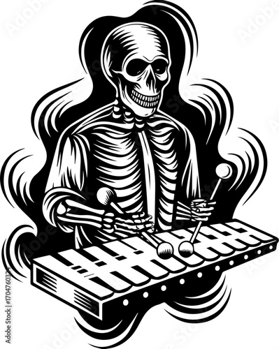 SVG of a skeleton musician showcasing a street lifestyle with Halloween vibes. Skeleton Playing Xylophone in Vintage Art Style, Monochrome Design