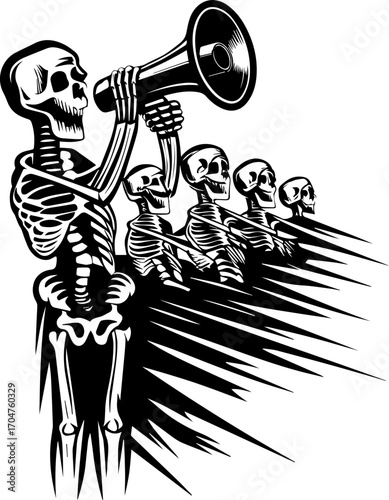SVG of a skeleton musician showcasing a street lifestyle with Halloween vibes. Skeletons in a Row with Megaphone for Halloween or Event Theme