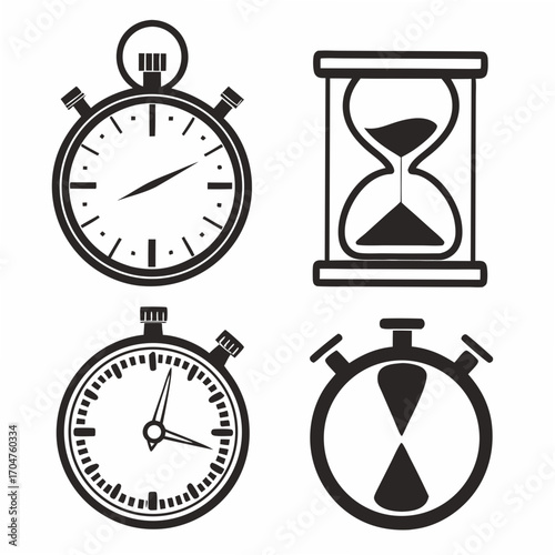 Collection of four black and white icons representing time measurement including stopwatches and an hourglass