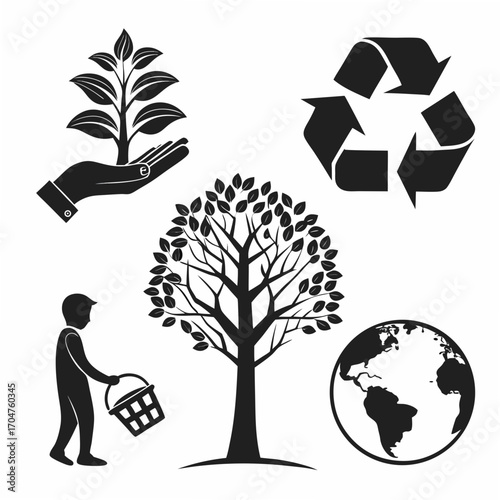 Collection of black silhouette icons representing environmental conservation and sustainability concepts on a white background