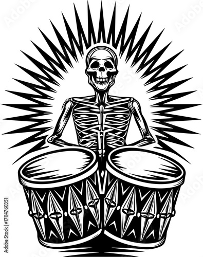 SVG of a skeleton musician showcasing a street lifestyle with Halloween vibes. Skeleton Playing Bongos in Black and White Retro Style Illustration