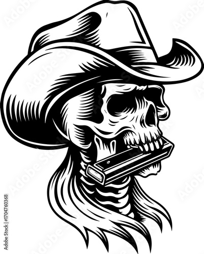 SVG of a skeleton musician showcasing a street lifestyle with Halloween vibes. Cowboy Skull with Harmonica and Hat in Vintage Black and White Style