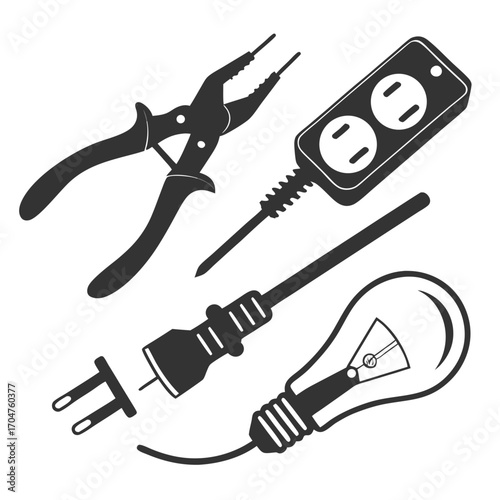 Collection of electrical tools and components including pliers power strip light bulb and electrical plug isolated on white background