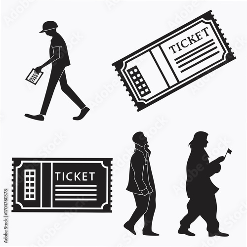 Silhouettes of people walking with tickets and a ticket stub for entry or event access