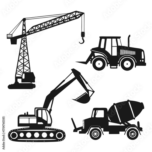 Collection of black silhouette construction vehicles including a tower crane excavator tractor with loader and cement mixer on a white background