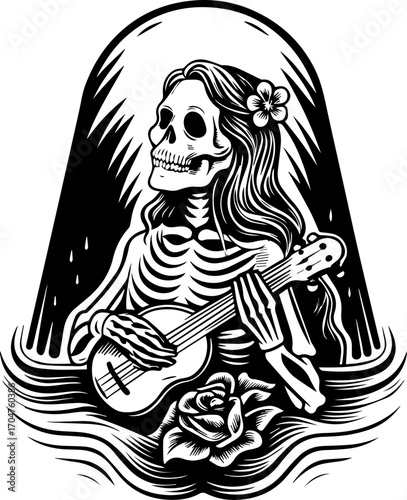 SVG of a skeleton musician showcasing a street lifestyle with Halloween vibes. Skeleton Woman Playing Ukulele with Floral Accents and Waves