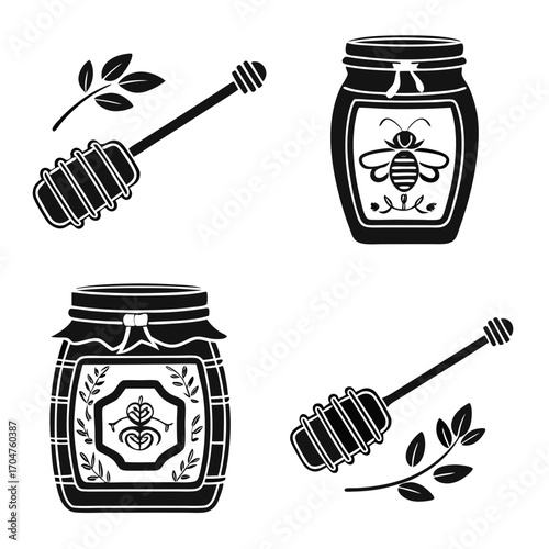 Collection of black silhouette icons featuring honey jars with bee and floral labels and honey dippers with leaves