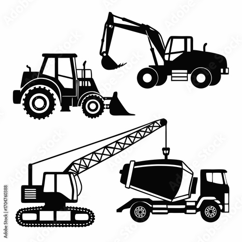 Collection of black silhouette construction vehicles including an excavator a front loader a crawler crane and a cement mixer truck