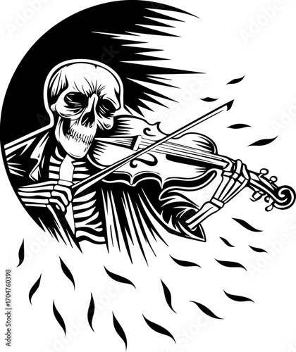 SVG of a skeleton musician showcasing a street lifestyle with Halloween vibes. Skeleton Playing Violin in Artistic Black and White Illustration