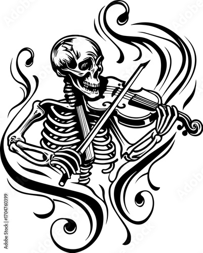 SVG of a skeleton musician showcasing a street lifestyle with Halloween vibes. Skeleton Playing Violin with Elegant Swirls and Artistic Design