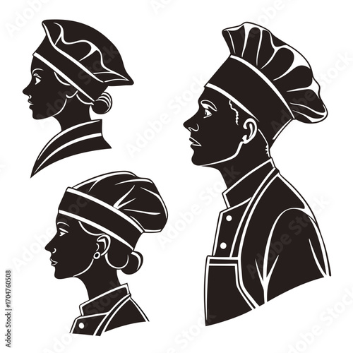 Three silhouette profiles of chefs wearing traditional toques and uniforms in a stylized artistic representation