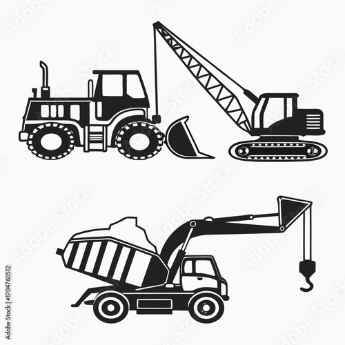 Set of black silhouette construction vehicles including a tractor with a loader and a crane excavator and a concrete mixer truck