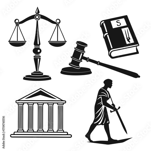 Collection of black and white legal icons representing justice law and order including scales of justice a gavel a law book and a courthouse building