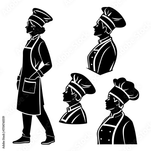 Collection of black silhouette chefs in profile view wearing traditional toques and aprons representing culinary professionals