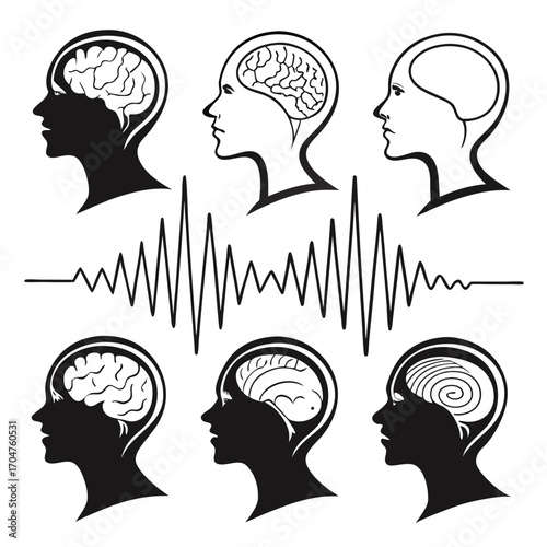 Abstract representation of human brain activity and thought processes visualized through profile silhouettes and wave patterns