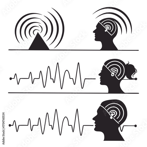 Visual representation of sound waves transmitting and being received by human brains with wireless earbuds