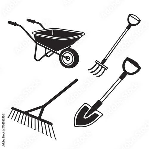 Collection of black silhouette garden tools including a wheelbarrow shovel rake and pitchfork on a white background