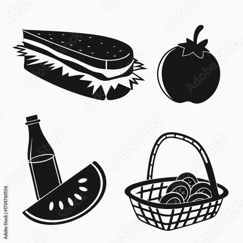 A collection of black and white silhouette icons representing a sandwich tomato watermelon slice with a bottle and a picnic basket filled with food