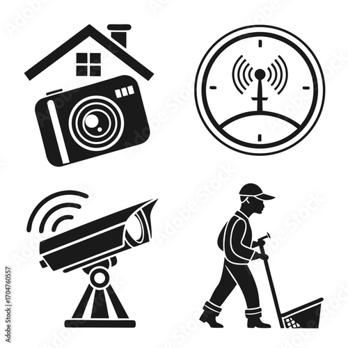 Collection of four black and white icons representing home security surveillance and a person cleaning with a broom and dustpan