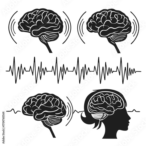 Abstract illustration of human brains emitting waves and a brainwave electrocardiogram line representing neural activity