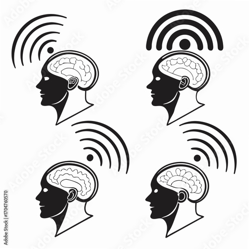 Conceptual illustration of human brain receiving wireless signals or data transmission through a stylized head profile