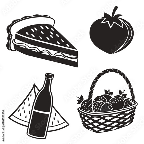 A collection of black and white illustrations featuring a slice of cake a tomato watermelon slices with a bottle and a basket of fruit