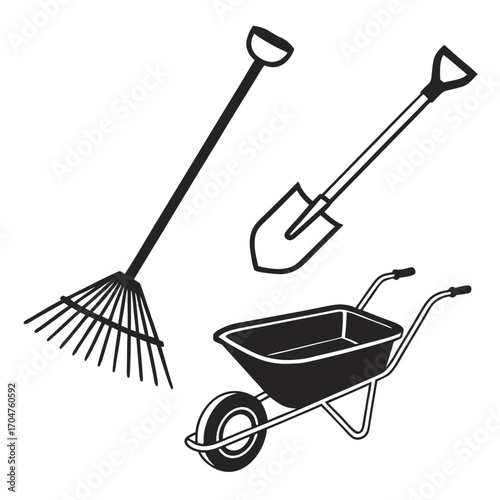A collection of essential gardening tools including a rake shovel and wheelbarrow depicted in a simple black and white illustration