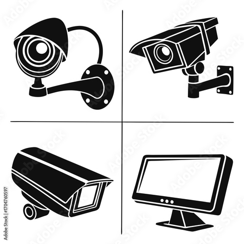 Collection of black silhouette security cameras and a monitor on a white background for surveillance and monitoring systems